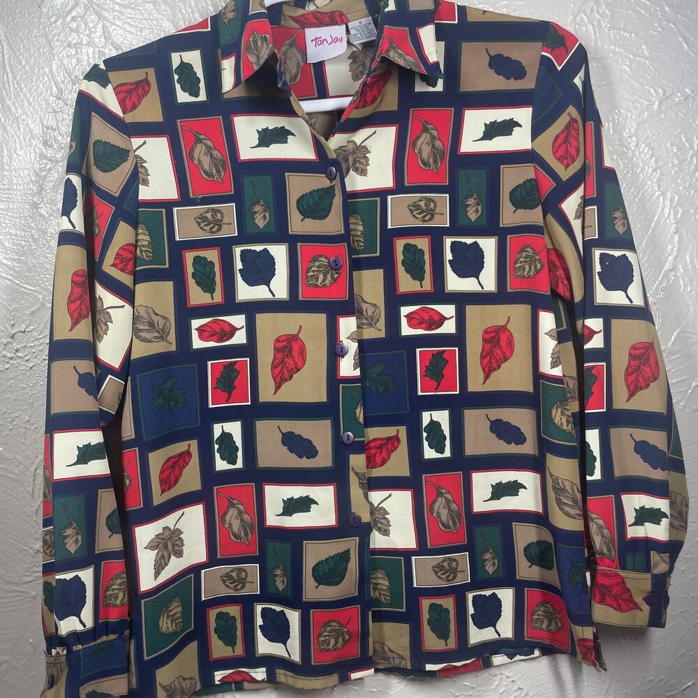 Tan Jay vintage women’s button down long sleeve leaves leaf size‎ 8